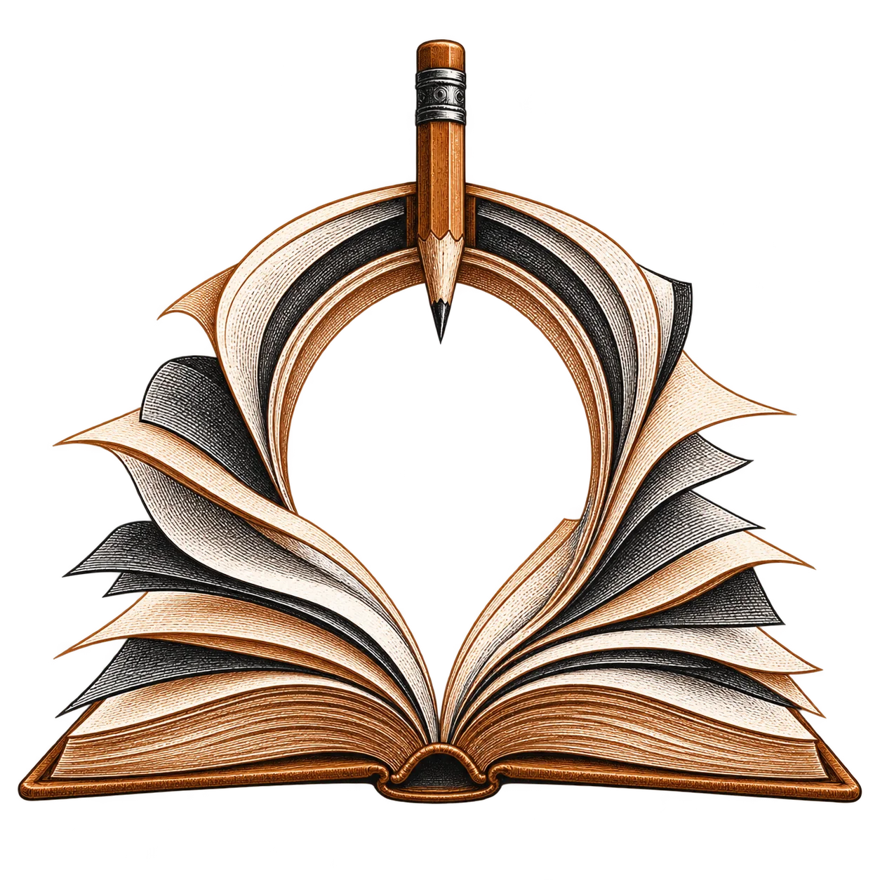 An open book fanned into an arch, a pencil resting at its centre