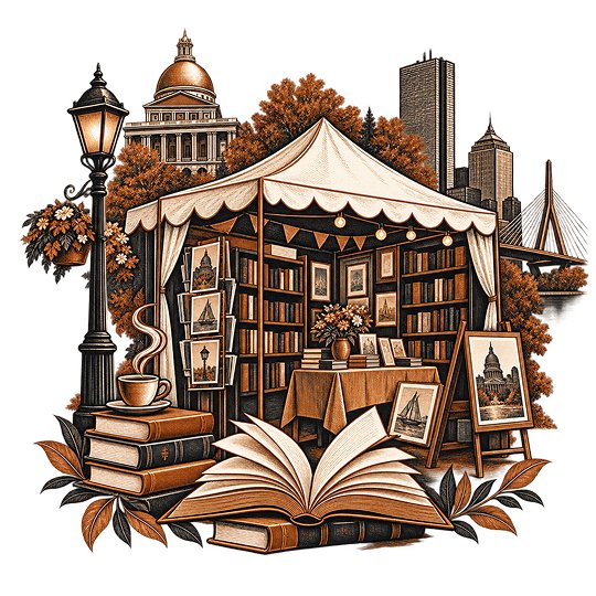 A festival marquee of bookshelves, framed prints and an easel against the Boston skyline and State House dome, with an open book and a coffee cup in front