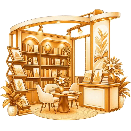A curved gallery stand of bookshelves, framed prints and a counter, with a reading table, chairs and a print rack in front of it