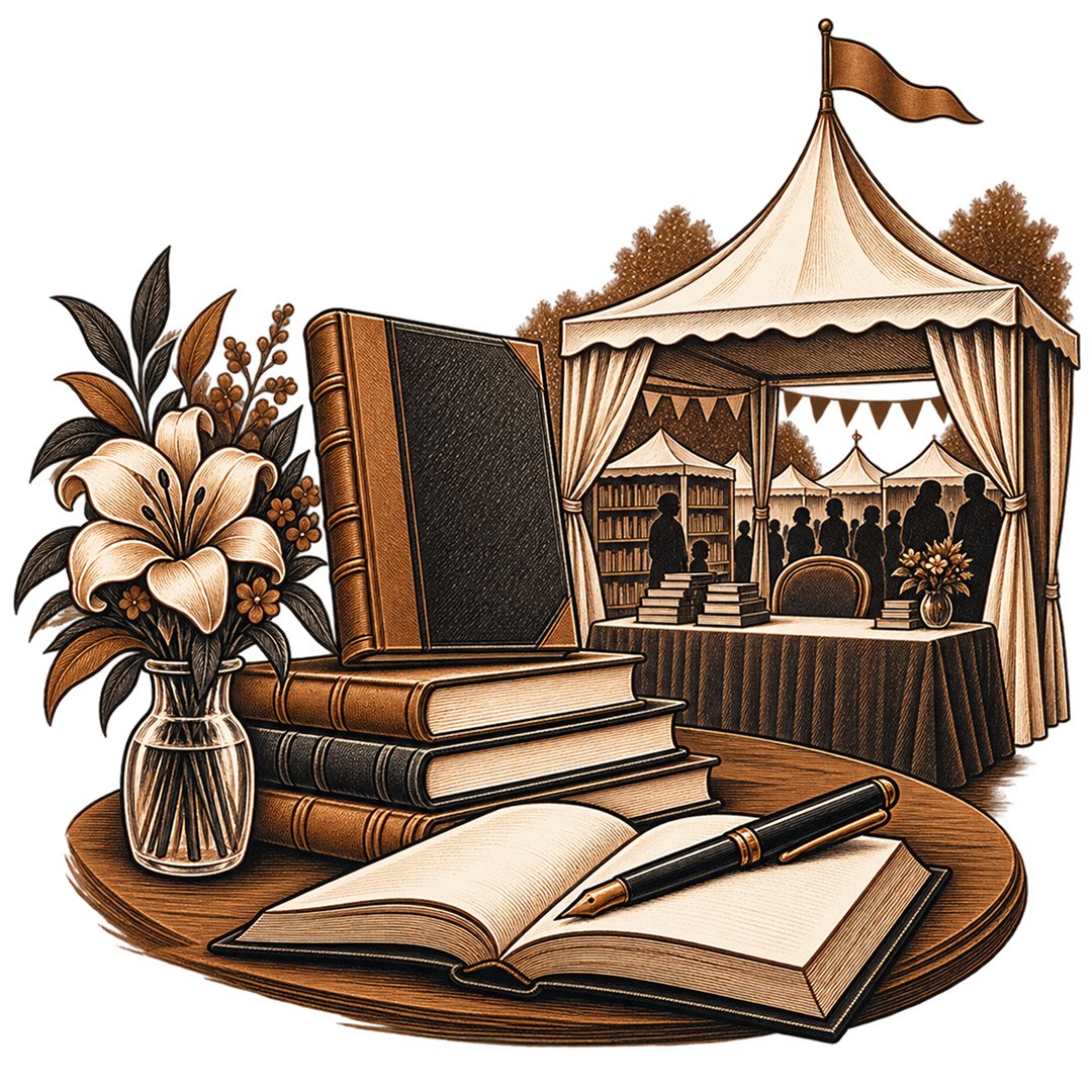 An open book and fountain pen on a round table beside a stack of volumes and a vase of lilies, with a festival marquee of signing tables and visitors behind
