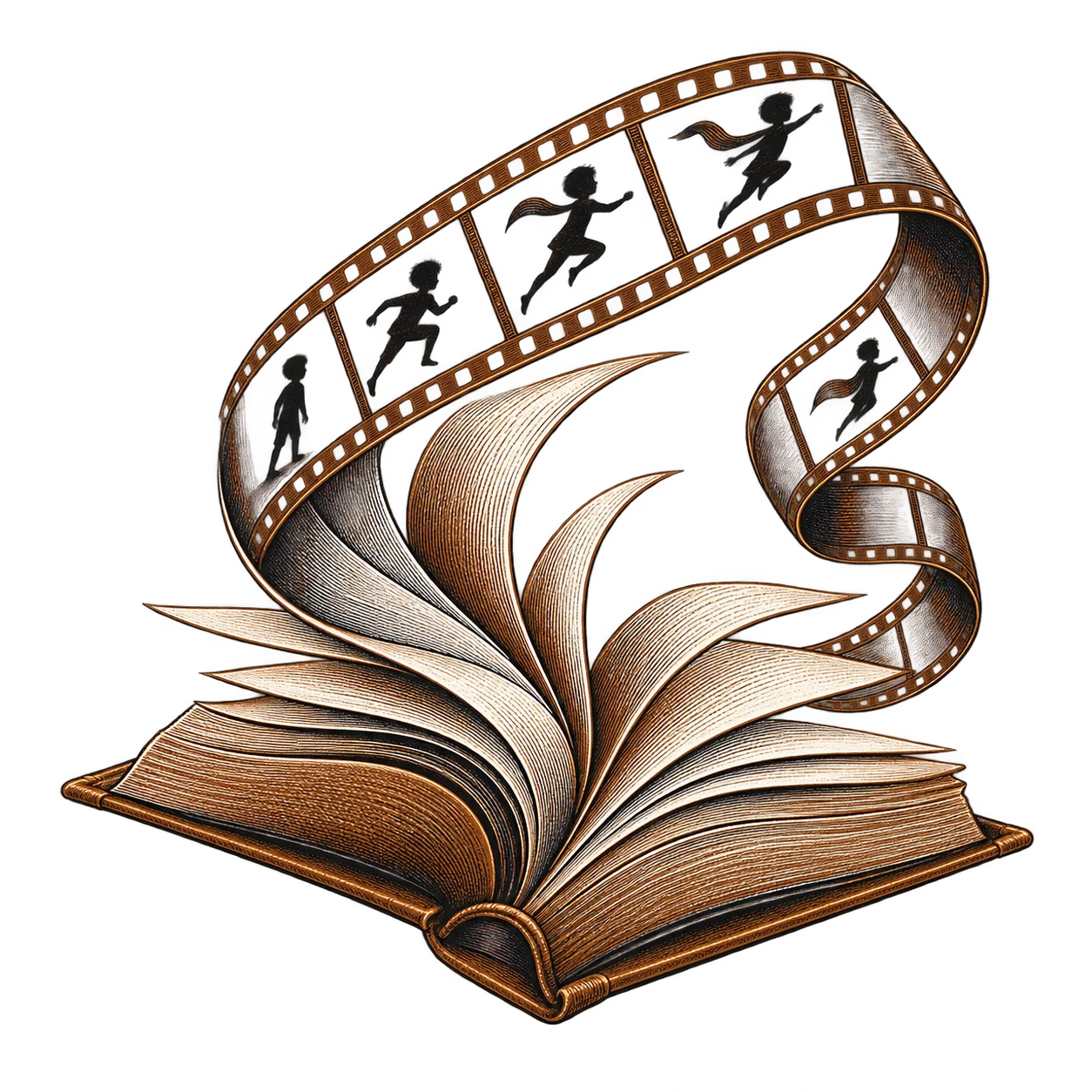 A strip of film showing a running figure frame by frame, curling out of an open book