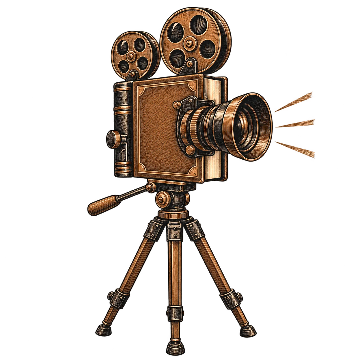 A film camera on a tripod, its body bound like a book, light flaring from the lens