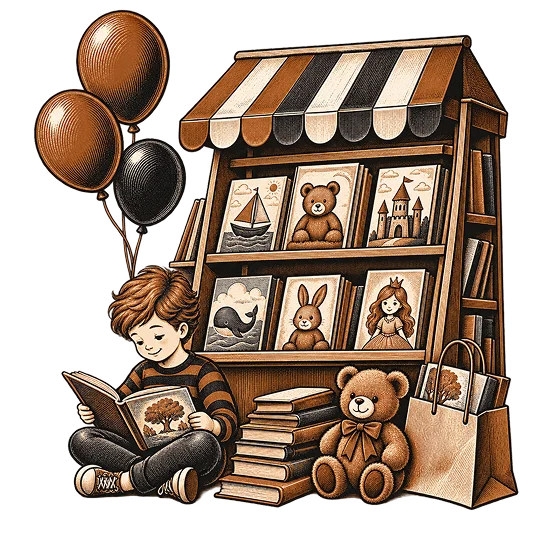 A children's bookshelf drawn with teddy bears and balloons