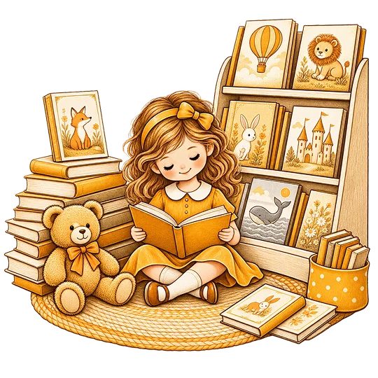 A child drawn reading on the floor beside a teddy bear and a bookcase