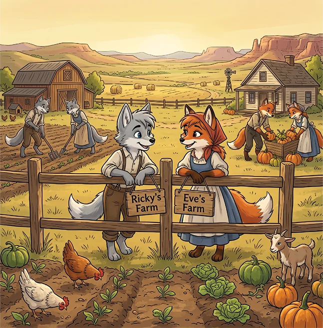Digitally painted spread of a wolf and a fox leaning on the fence between their two farms at harvest, fields and mesas behind
