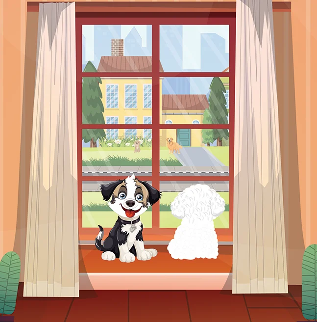 Flat vector scene of a puppy and a white poodle sitting together on a window ledge, the street visible through the panes