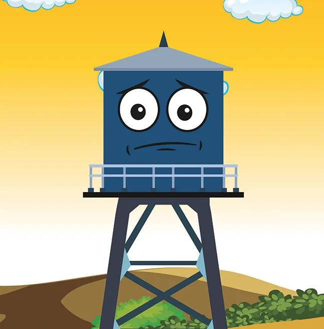 Flat vector character of a water tower with a worried face standing on a hillside against a yellow sky