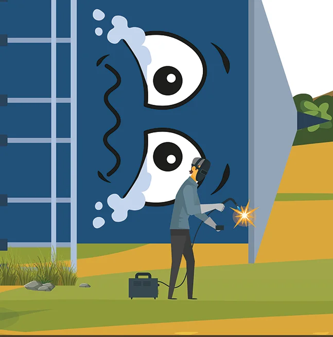 Flat vector scene of a welder in a visor working at the foot of the water tower, its wide eyes rising above him