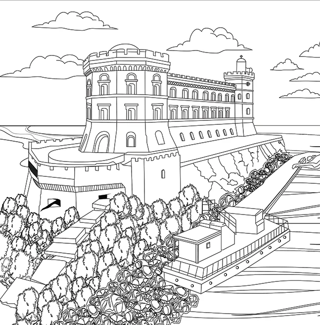 Interior line drawing of a fortified harbour castle on a headland above the sea, terraced gardens dropping to the quay