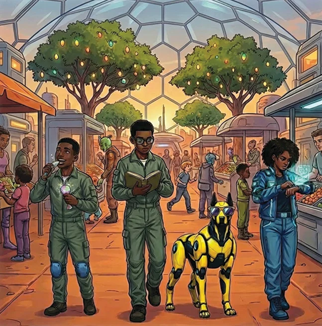 Illustrated scene of a boy reading as he walks a domed colony market at dusk with his robotic dog beside him