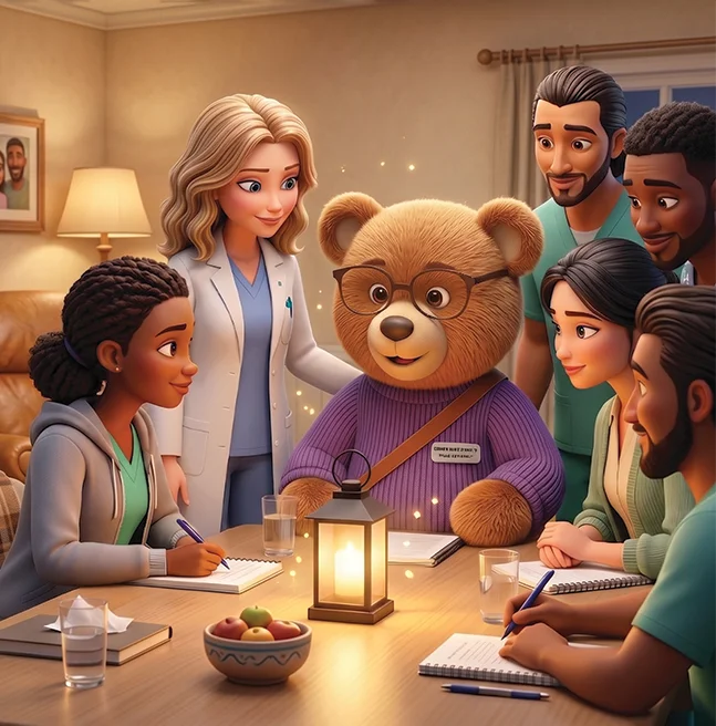 3D rendered close-up of the same lantern-carrying teddy bear at a table, a nurse resting a hand on its shoulder as the group takes notes
