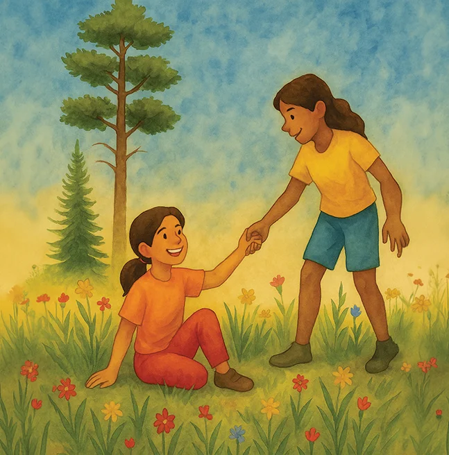 Watercolor scene of one girl helping another to her feet in a wildflower meadow, tall pines behind them