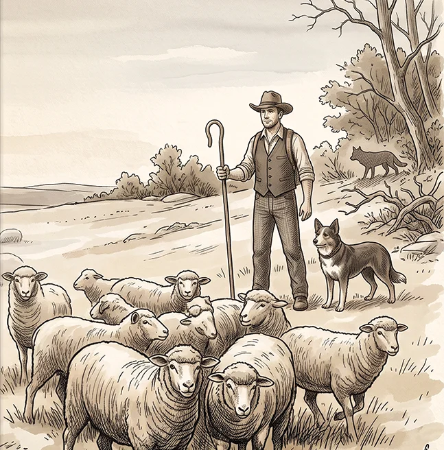 Sepia ink drawing of a shepherd and his cattle dog standing with the flock as a wolf watches from the treeline