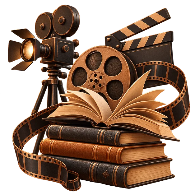 A film camera, reel and clapperboard around an open book, lit like an animated scene