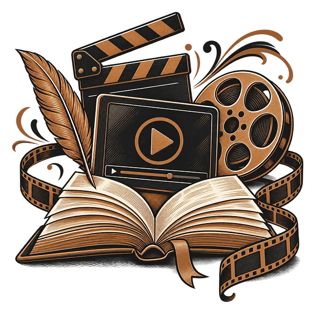A play button, film reel and clapperboard in flat shapes around an open book