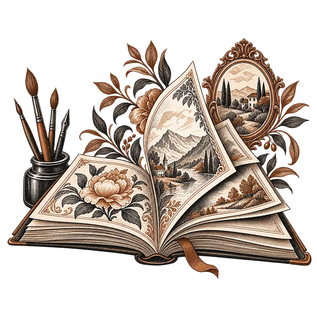 An open book of colour plates showing landscapes and flowers, beside brushes in a pot
