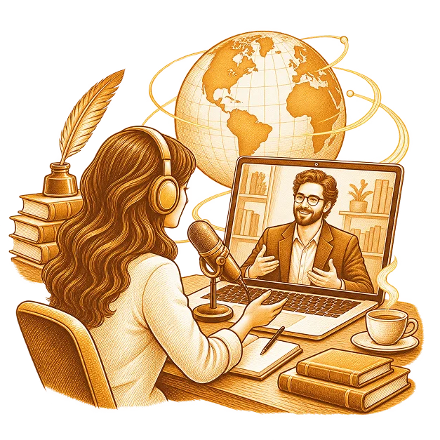 Line illustration of online Interview for a book campaign