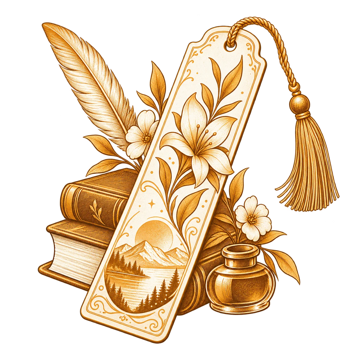 A decorated bookmark drawn with a quill, an inkwell and a stack of books