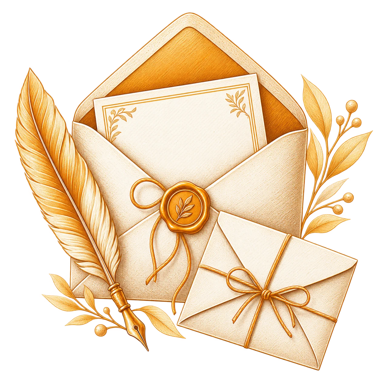 An open envelope drawn with a wax seal, an enclosure card and a quill