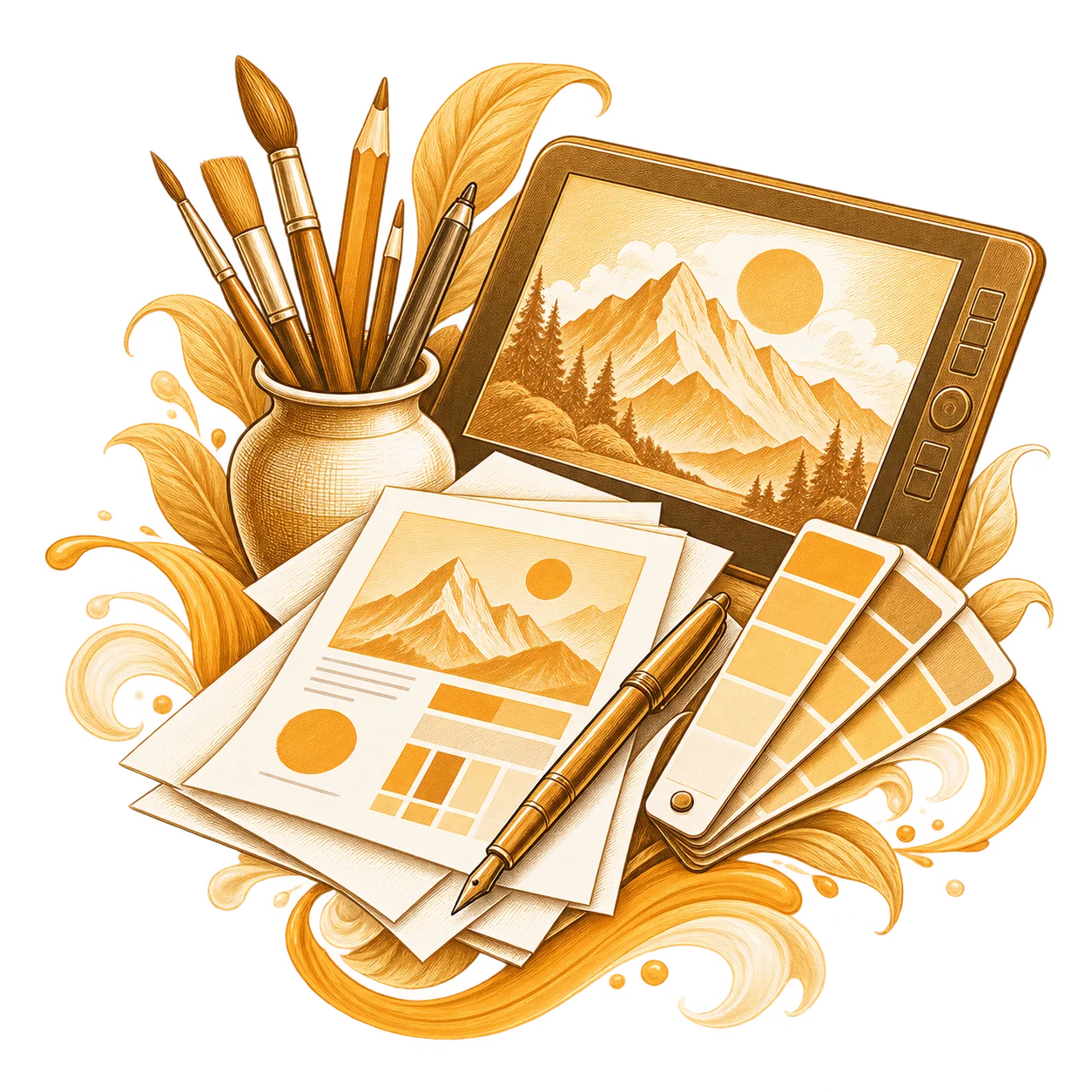 Book flyers drawn beside a framed cover illustration and a pot of brushes