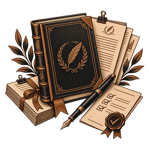 A bound book stamped with a laurel and quill beside clipped manuscript pages, a fountain pen and a wax seal