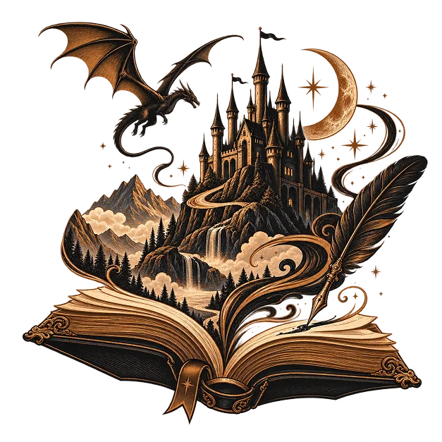 An open book from which a mountain castle rises, with a dragon and a crescent moon overhead
