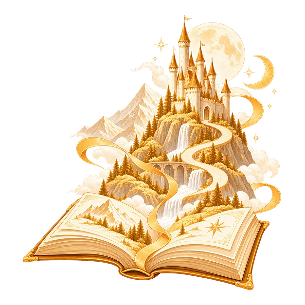 An open book with a pale castle on a waterfall mountain rising from its pages beneath a full moon