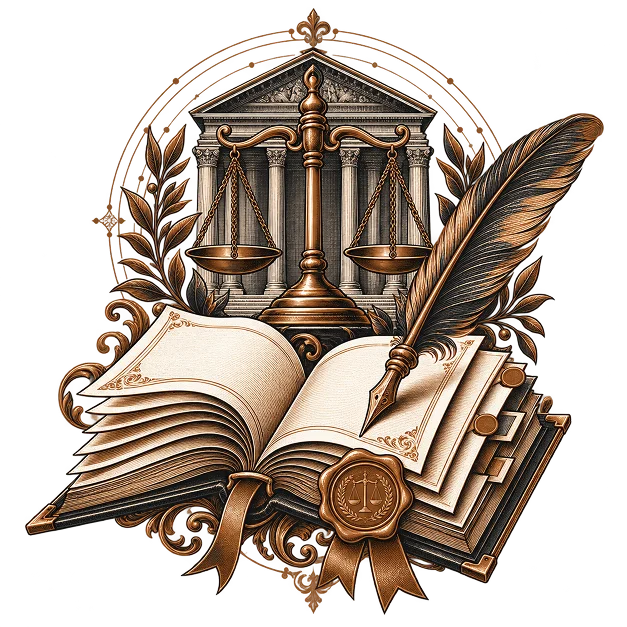 An open book bearing a scales wax seal, with the scales of justice and a courthouse framed in laurel