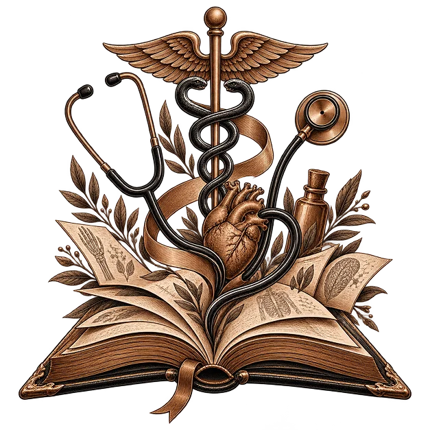 An open book with a caduceus, a stethoscope, an anatomical heart and an apothecary bottle above it