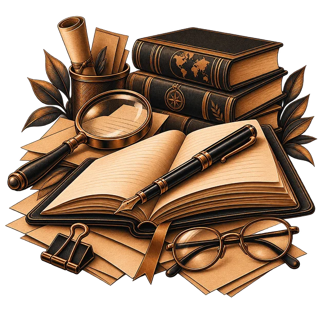 An open ruled notebook with a fountain pen across it, on loose pages among stacked books, a magnifier, a jar of rolled papers, a bulldog clip and reading glasses