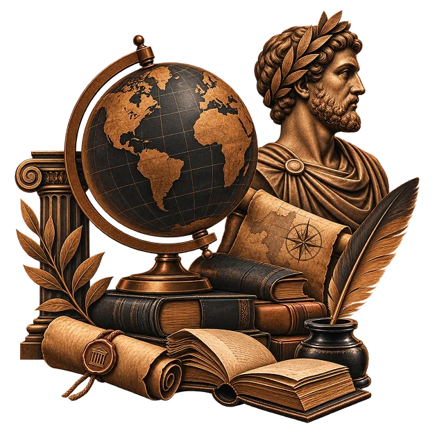 A classical bust and a stone column behind a globe, with stacked books, a rolled map, scrolls and a quill in an inkwell