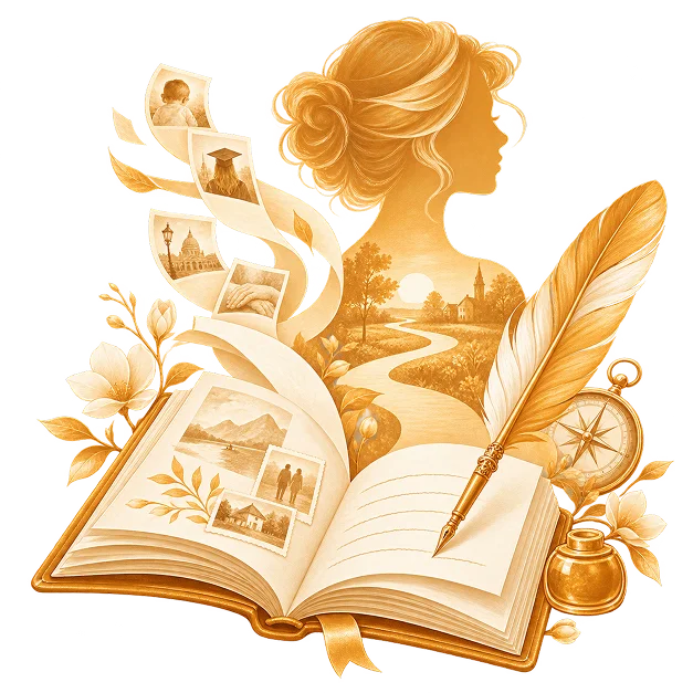 An open journal of pasted photographs beneath a woman's silhouette holding a country lane, with more photographs drifting up, a quill and a pocket compass